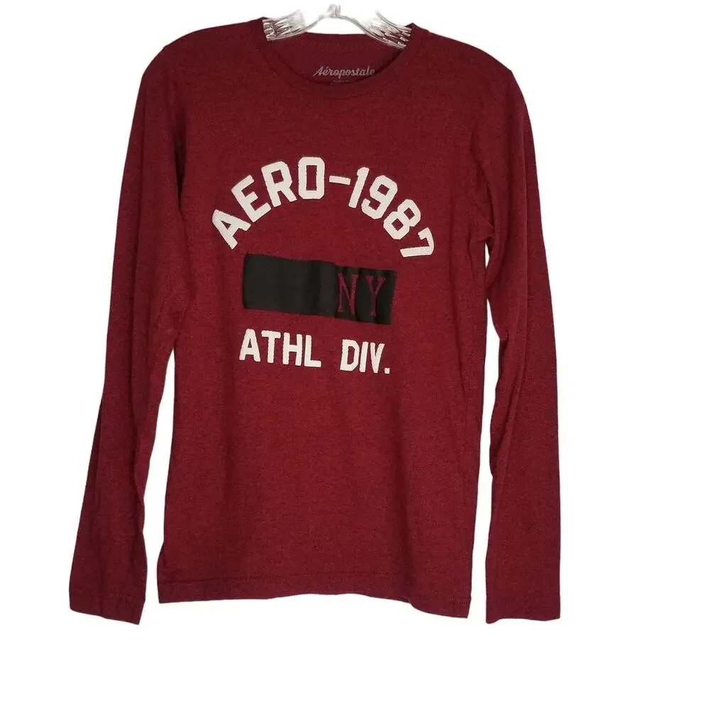 ❤️2/$12 Aeropostale Shirt Aero 87 Long Sleeve Cotton T-shirt Maroon Mens S
